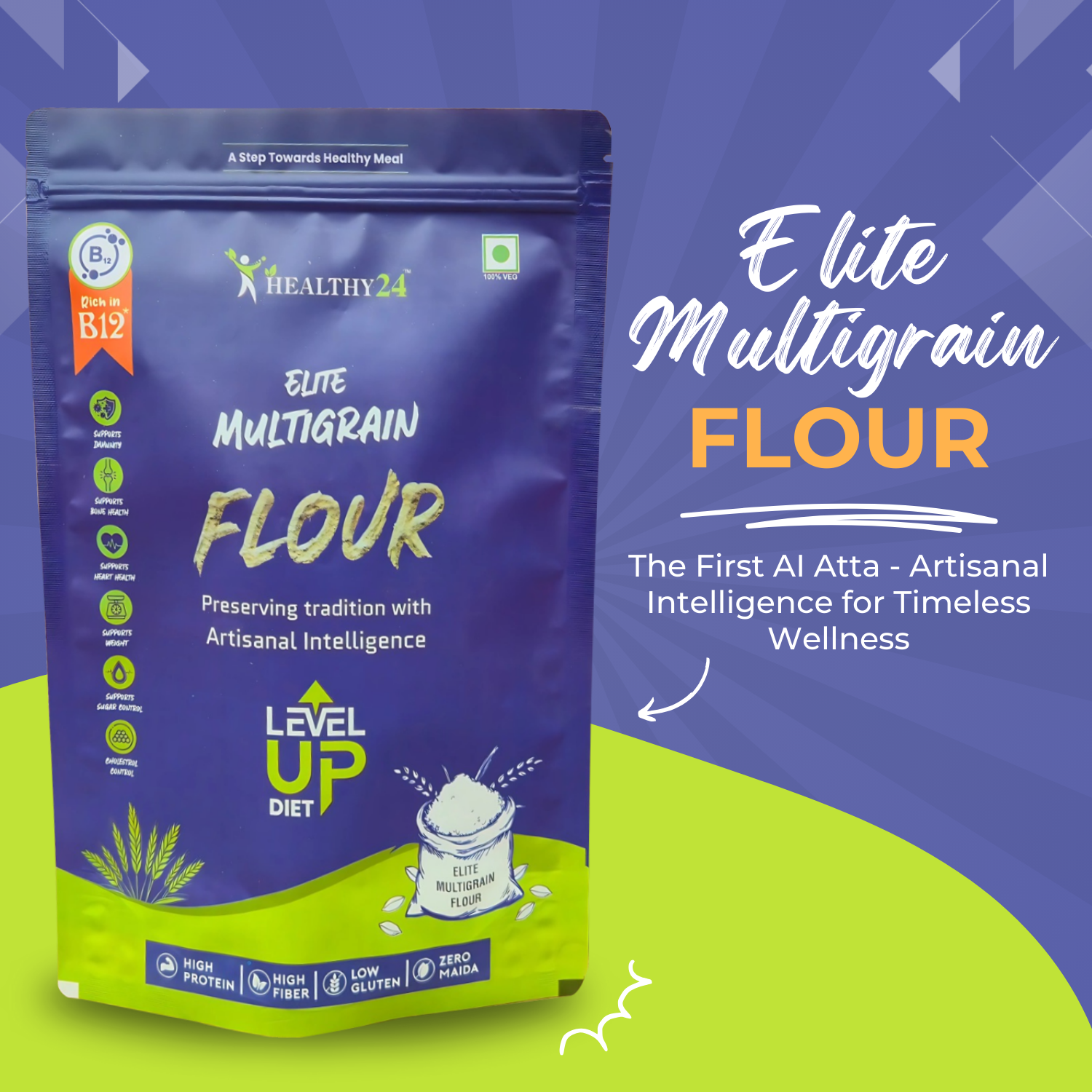 HEALTHY24 Elite Multigrain Atta | Level Up Diet | The First AI Atta – Artisanal Intelligence for Timeless Wellness | High Protein | High Fiber | Rich in Vitamin B12 | Preserves Natural Aroma | Power of 14 Superfoods (1kg)