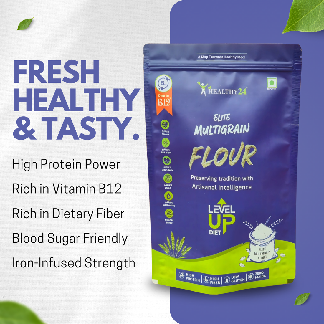 HEALTHY24 Elite Multigrain Atta | Level Up Diet | The First AI Atta – Artisanal Intelligence for Timeless Wellness | High Protein | High Fiber | Rich in Vitamin B12 | Preserves Natural Aroma | Power of 14 Superfoods (1kg)