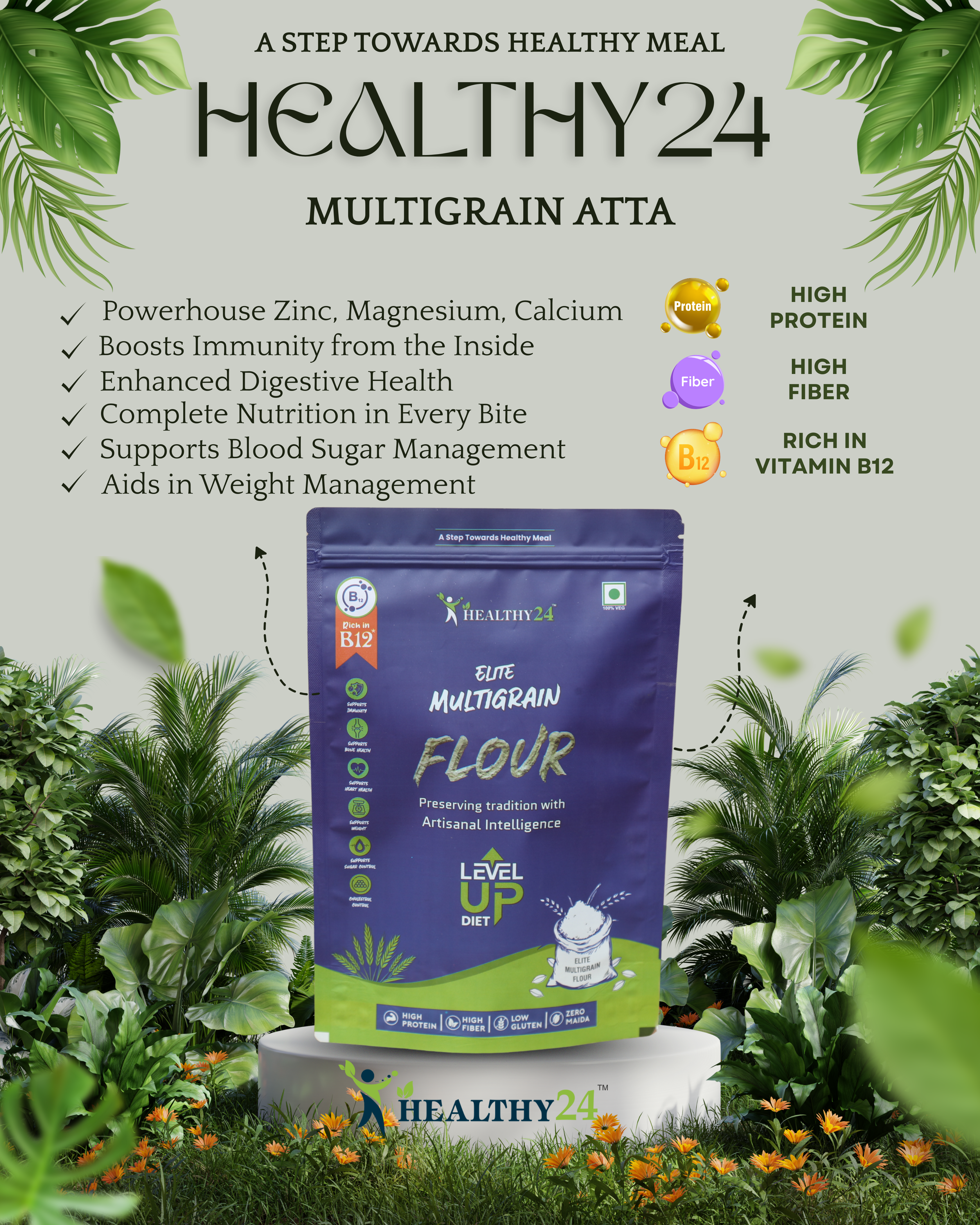 HEALTHY24 Elite Multigrain Atta | Level Up Diet | The First AI Atta – Artisanal Intelligence for Timeless Wellness | High Protein | High Fiber | Rich in Vitamin B12 | Preserves Natural Aroma | Power of 14 Superfoods (1kg)