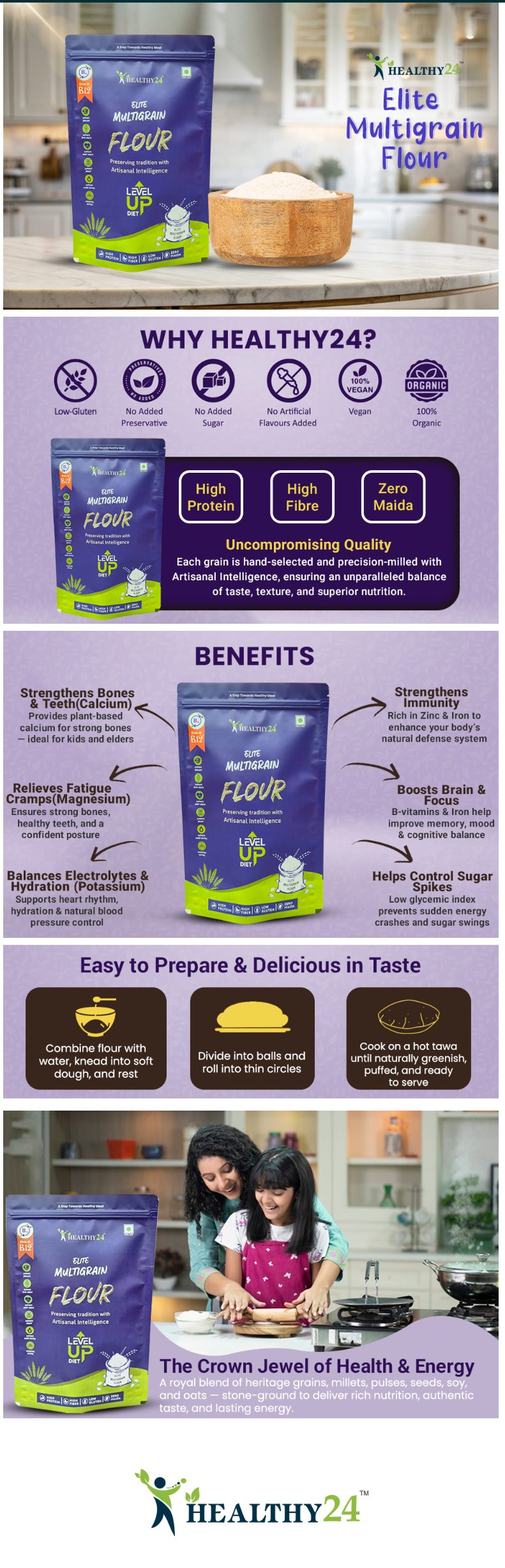 HEALTHY24 Elite Multigrain Atta | Level Up Diet | The First AI Atta – Artisanal Intelligence for Timeless Wellness | High Protein | High Fiber | Rich in Vitamin B12 | Preserves Natural Aroma | Power of 14 Superfoods (1kg)